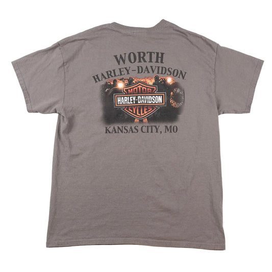 Gray t-shirt with Harley-Davidson logo and text on a white background