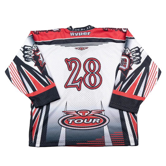 Motorcycle racing jersey with number 28 and 'Tour' branding on a white background