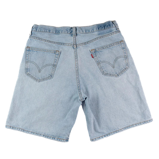 Light blue denim shorts on a white background