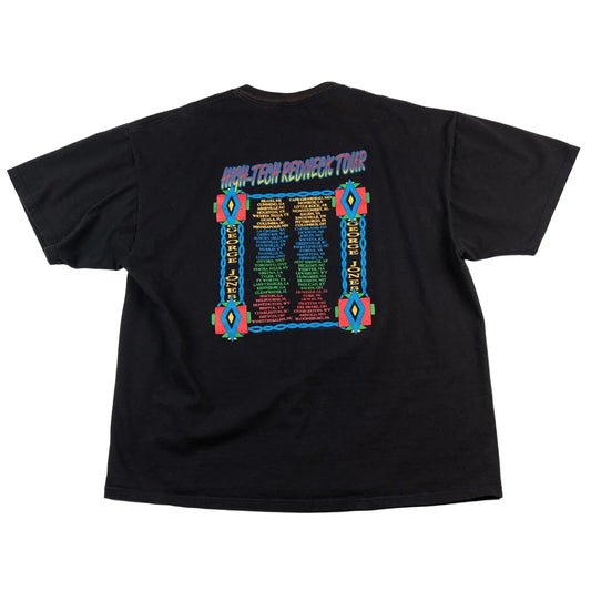 Black t-shirt with colorful graphic design on the back against a white background