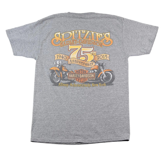 Gray t-shirt with Harley-Davidson graphic and text on a white background