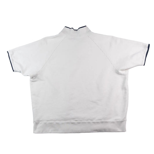White short-sleeve shirt with black trim on a white background