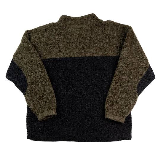 Back view of a two-tone fleece jacket with green and black colors on a white background