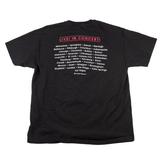 Black t-shirt with concert tour information on a white background