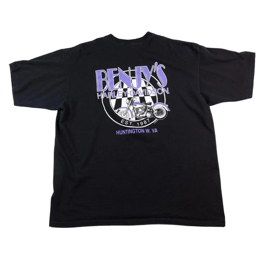 Black t-shirt with purple and white graphic design on a white background