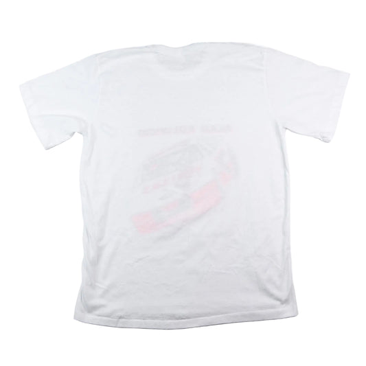 White t-shirt with a small pink logo on the back against a white background