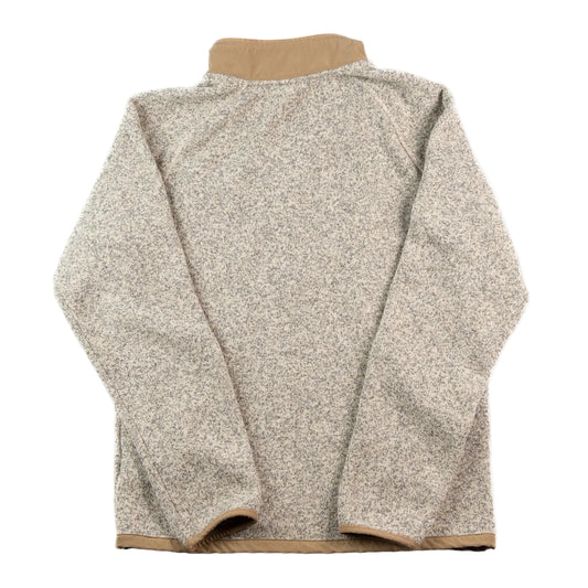 Back view of a textured jacket with a beige collar on a white background
