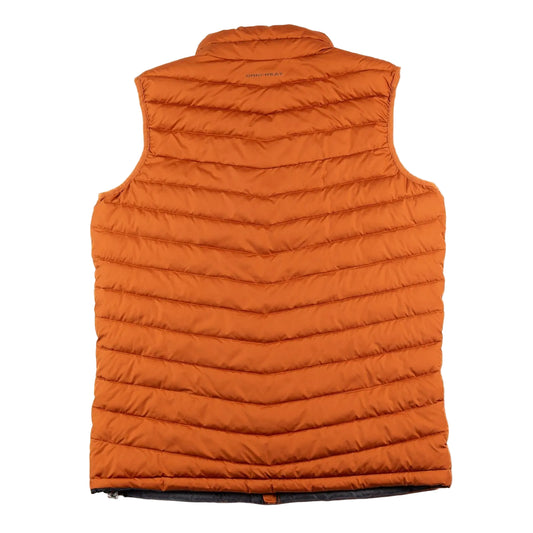 Orange puffer vest on a white background