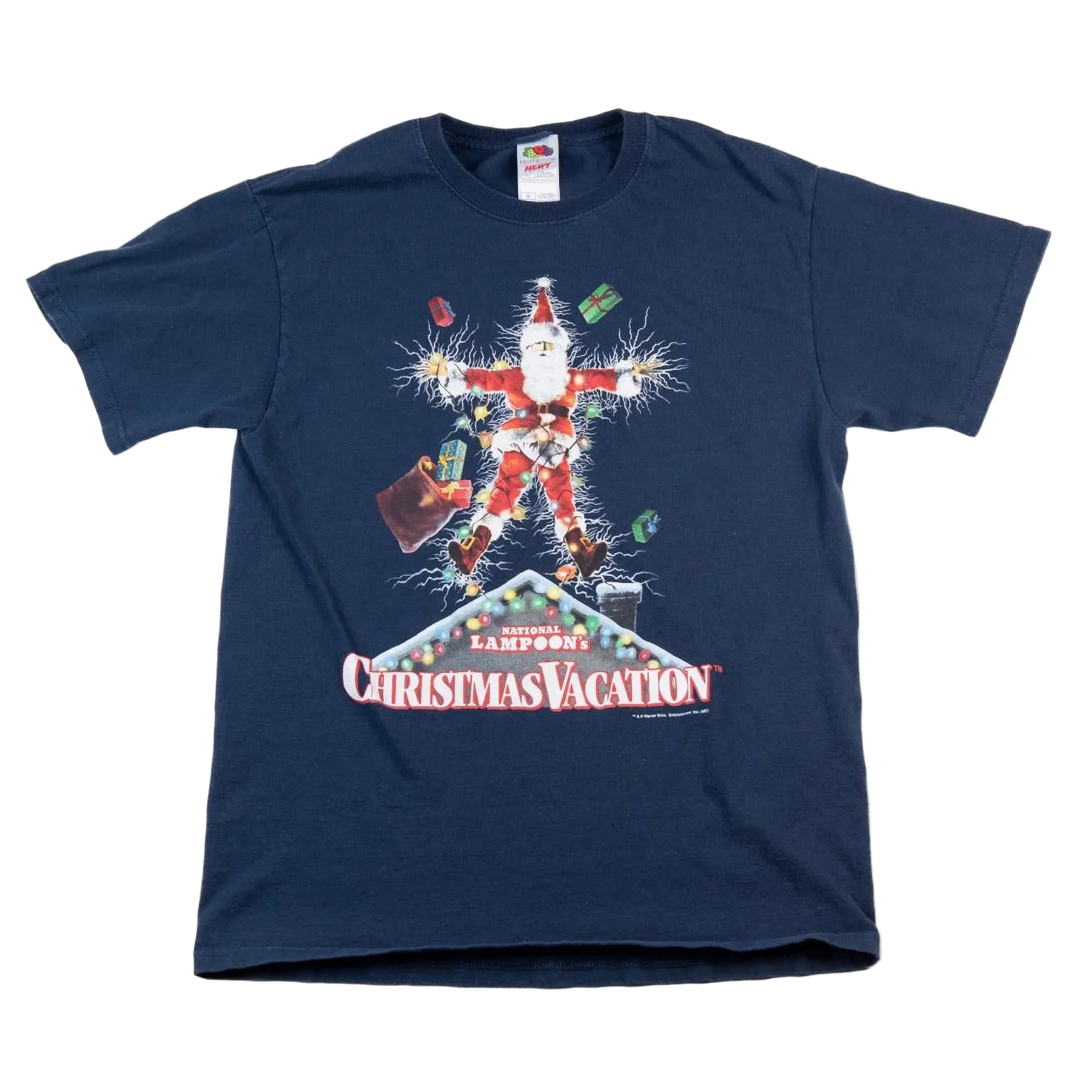 Navy blue t-shirt with a Christmas-themed graphic on a white background
