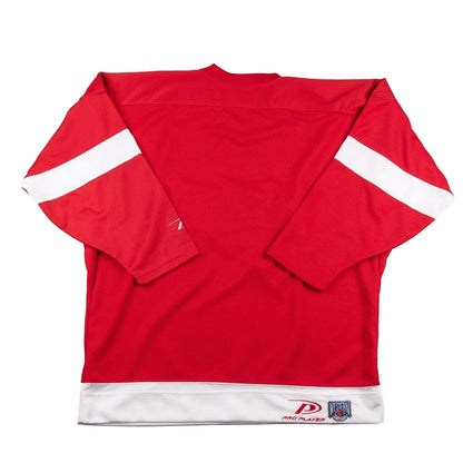 Red sports jersey with white accents on a white background