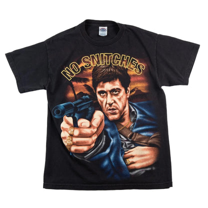 Black t-shirt with graphic of a man holding a gun and 'No Snitches' text on a white background