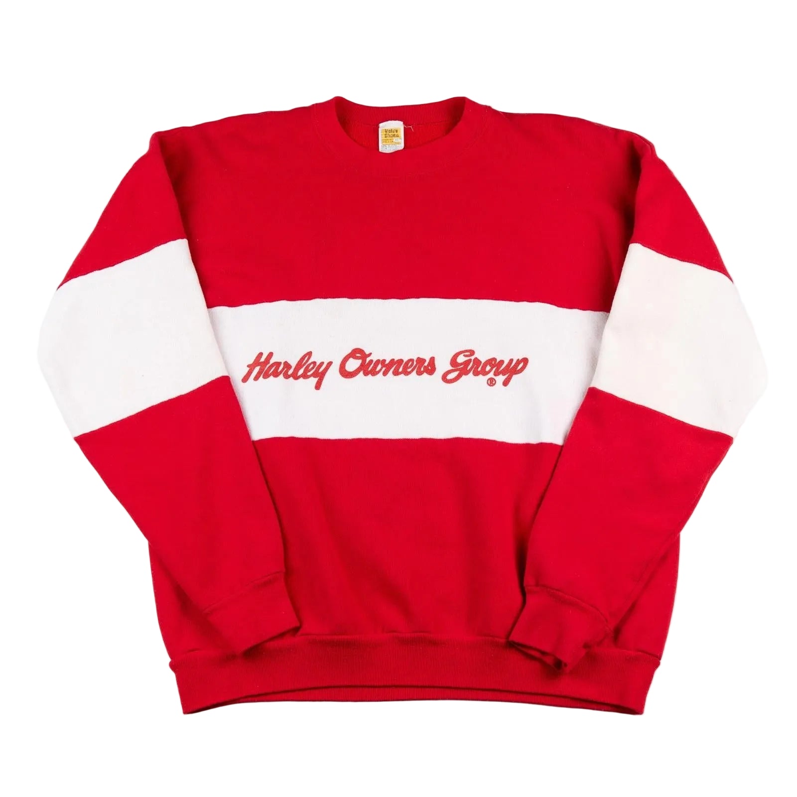 Red and white sweatshirt with 'Harley Owners Group' text on a white background