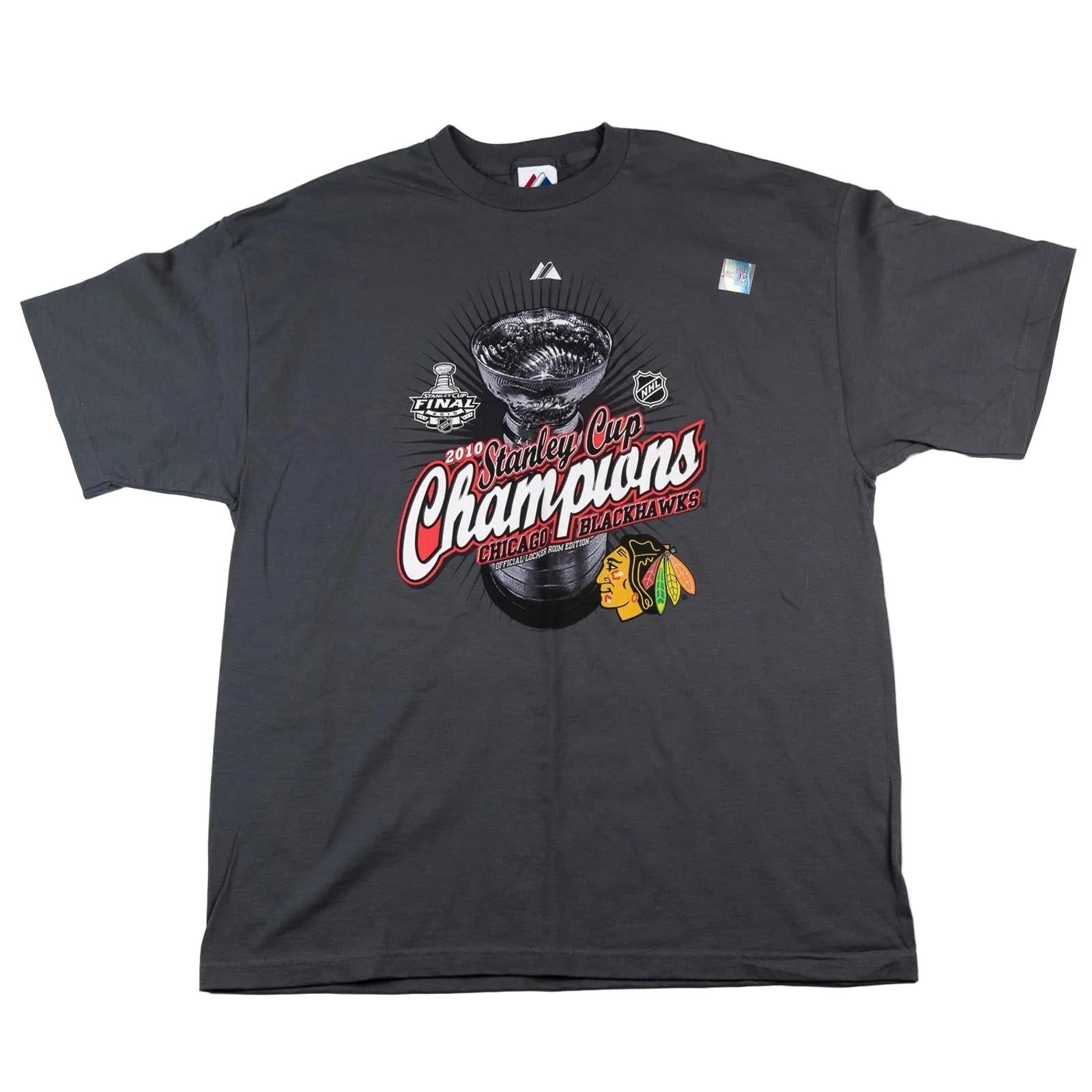 Black t-shirt with Stanley Cup Champions graphic on a white background