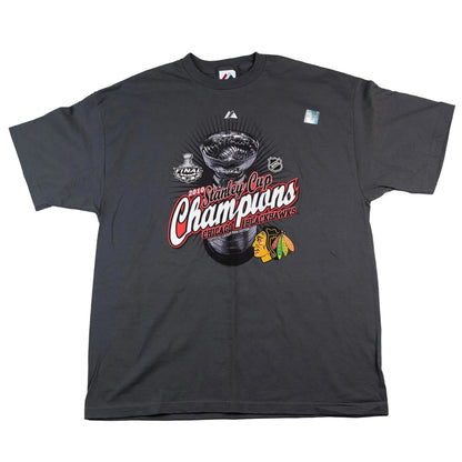 Black t-shirt with Stanley Cup Champions graphic on a white background