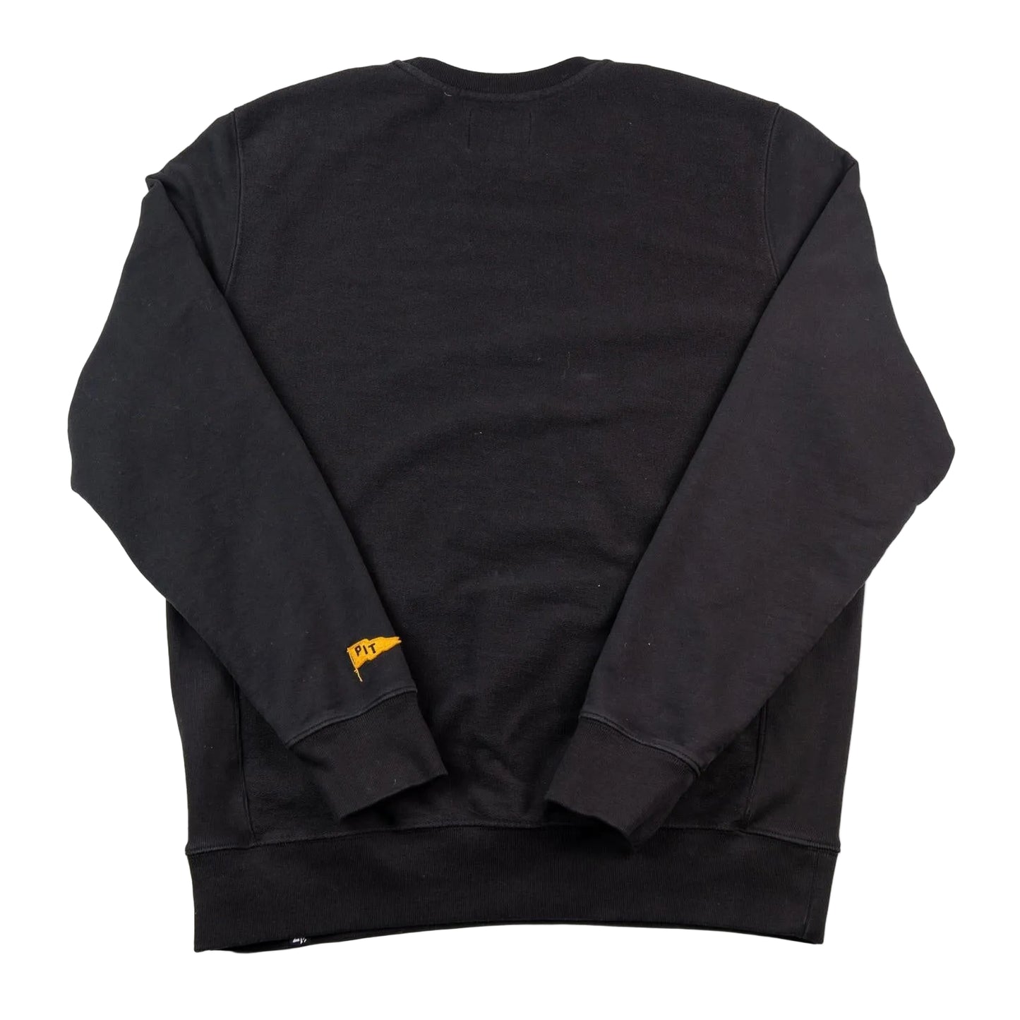 Black sweatshirt with a small yellow tag on a white background