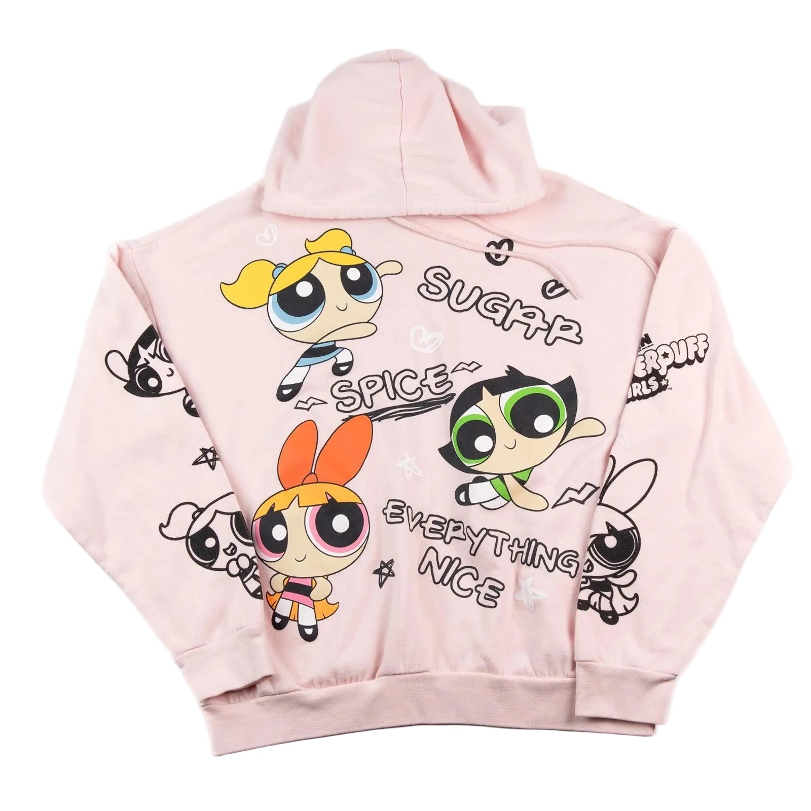 Pink hoodie with Powerpuff Girls graphics on a white background