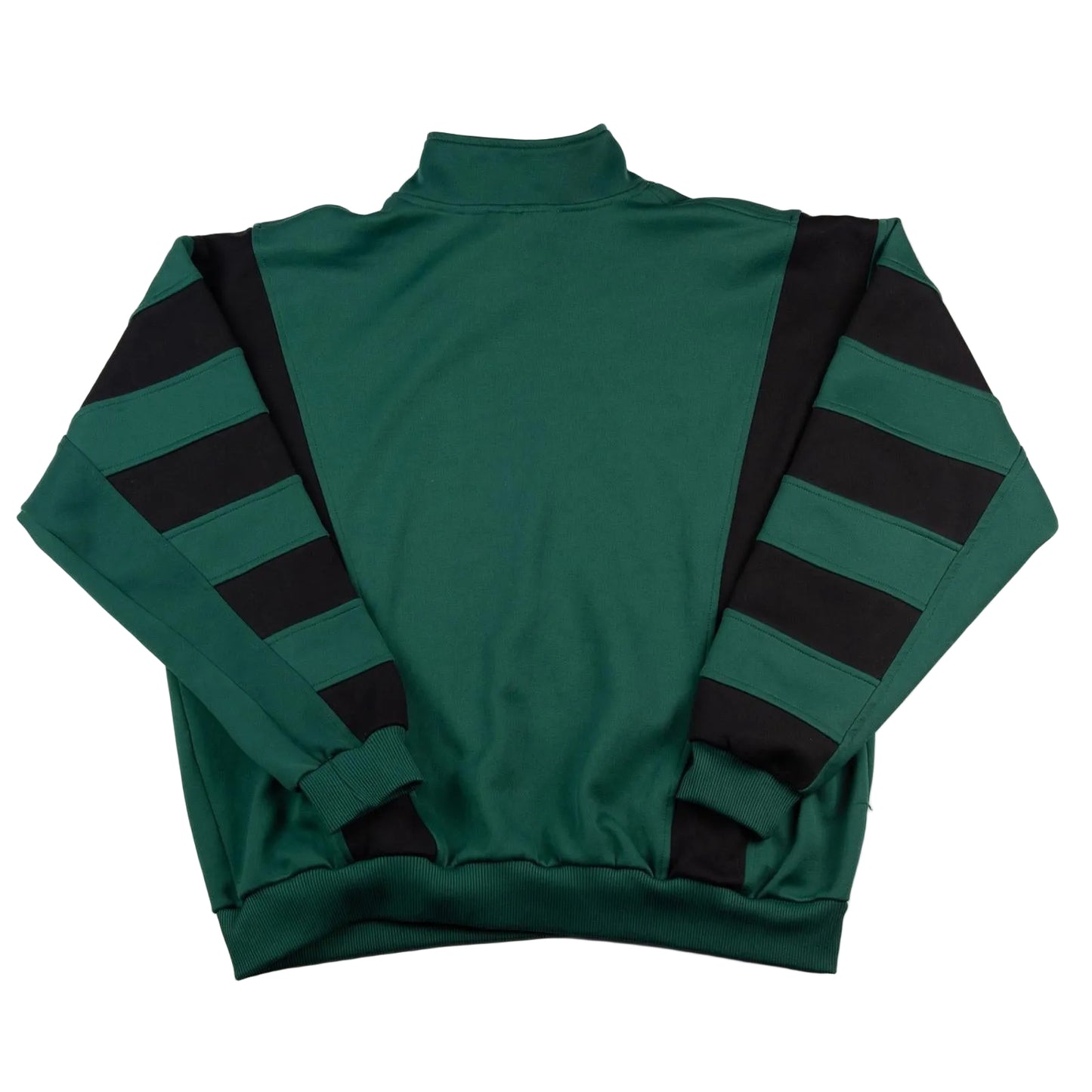 Green sweater with black striped sleeves on a white background