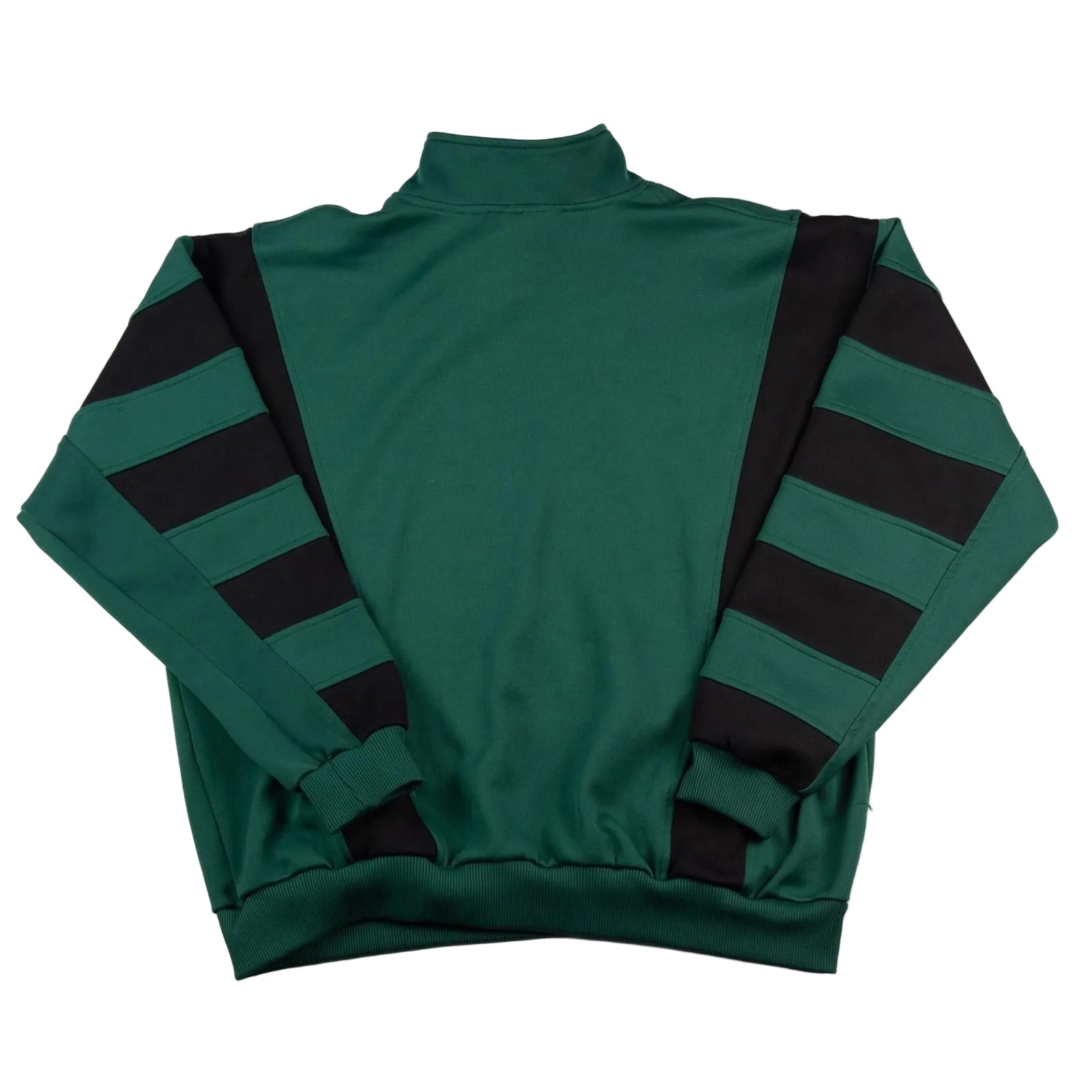 Green sweater with black striped sleeves on a white background