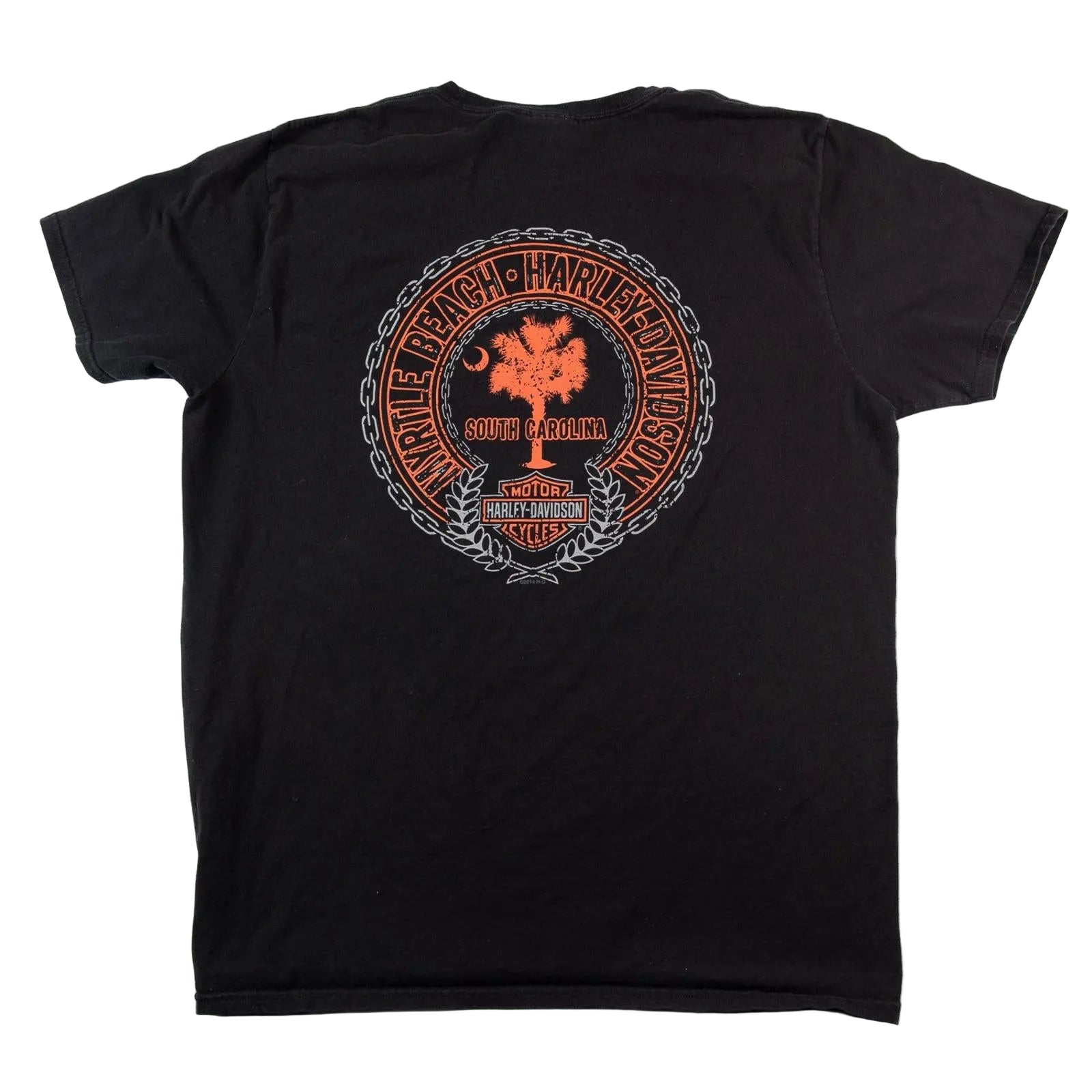 Black t-shirt with a circular design featuring a tree and text on the back, on a white background.