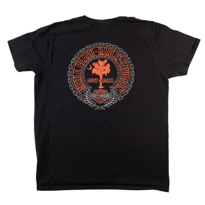 Black t-shirt with a circular design featuring a tree and text on the back, on a white background.