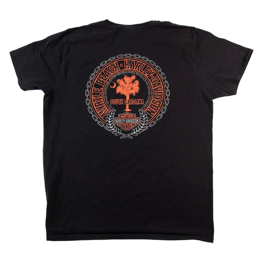 Black t-shirt with a circular design featuring a tree and text on the back, on a white background.