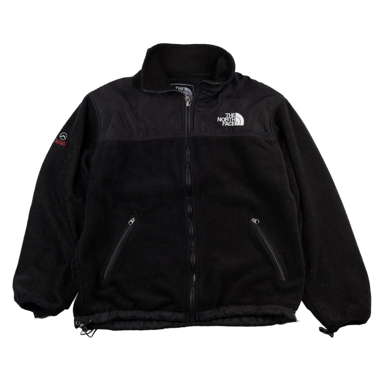 Black fleece jacket with The North Face logo on a white background