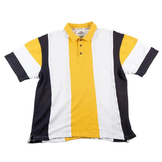 Color-blocked polo shirt with yellow, black, and white sections on a white background