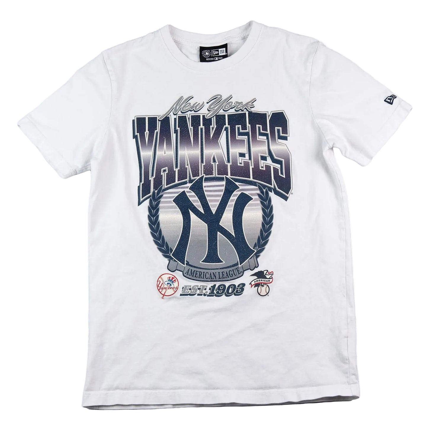 White t-shirt with New York Yankees logo and text on a white background