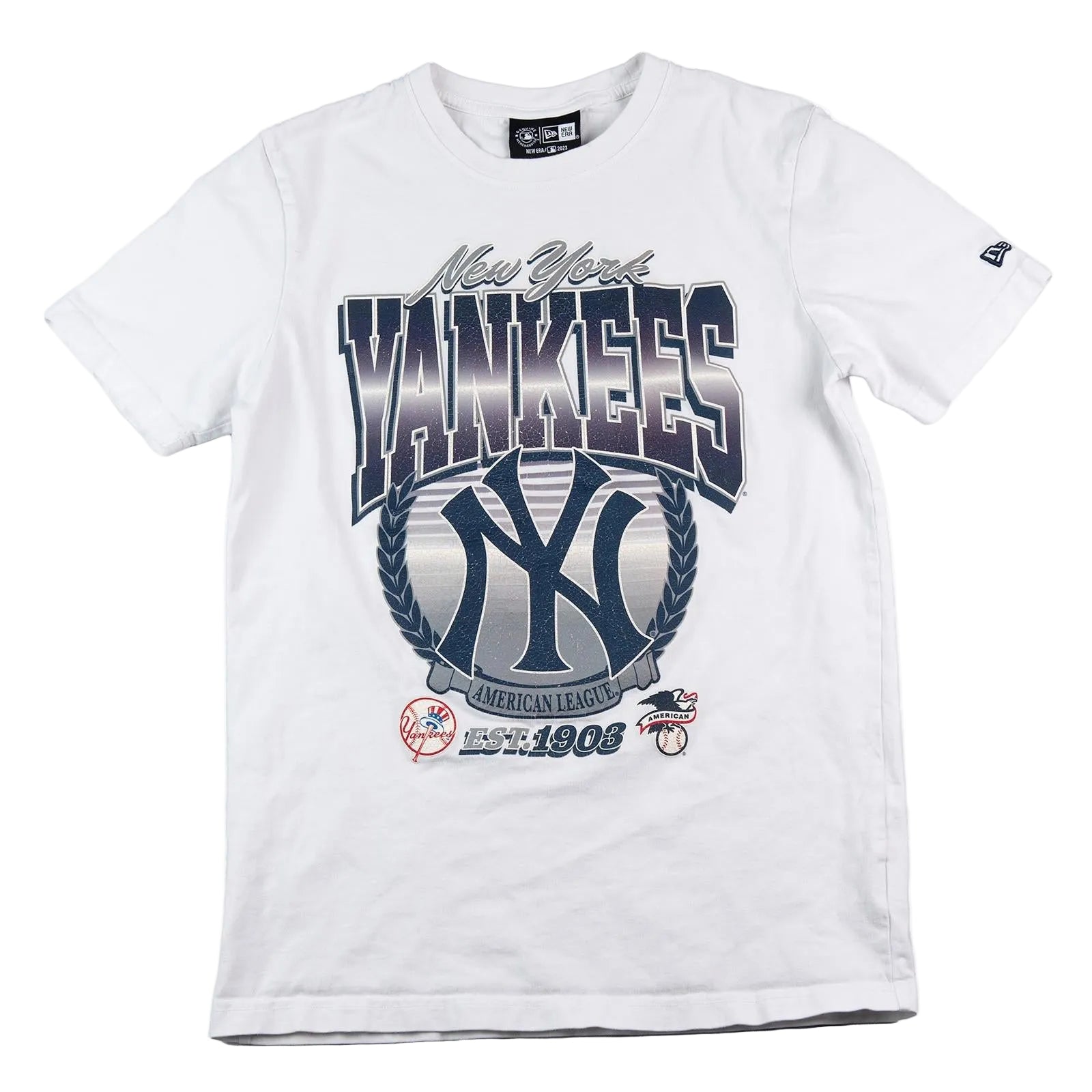 White t-shirt with New York Yankees logo and text on a white background