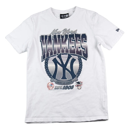 White t-shirt with New York Yankees logo and text on a white background