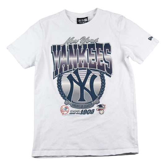 White t-shirt with New York Yankees logo and text on a white background
