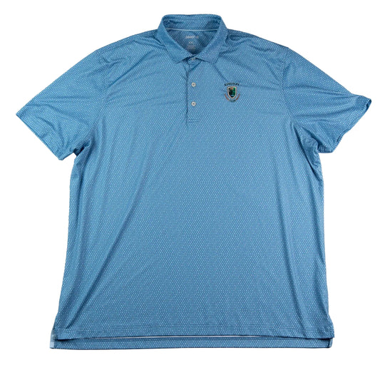 Blue polo shirt with a logo on a white background