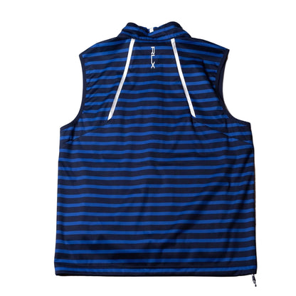 Blue and black striped sleeveless hoodie on a white background