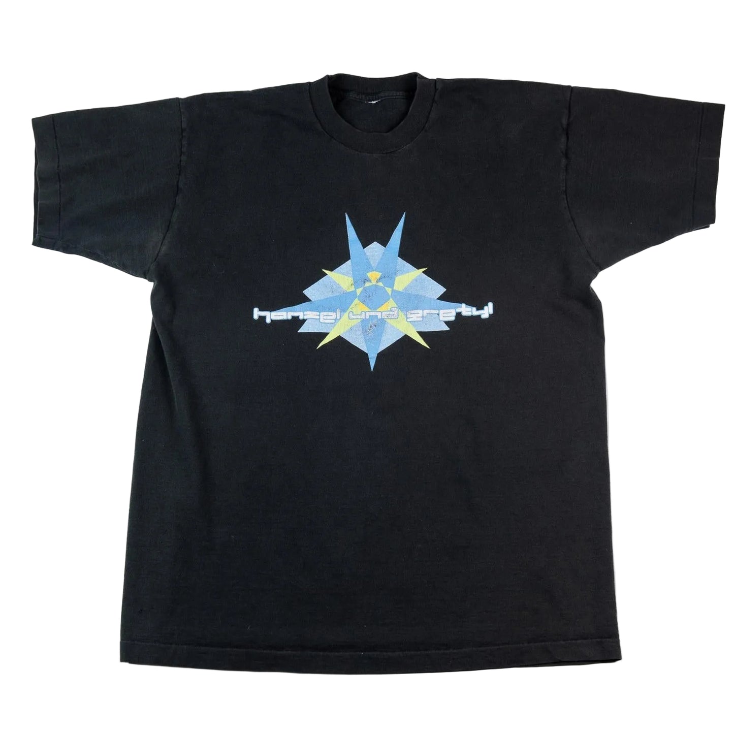 Black t-shirt with a blue and yellow graphic design on a white background