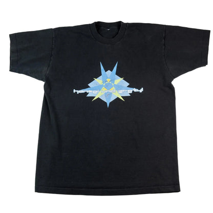 Black t-shirt with a blue and yellow graphic design on a white background