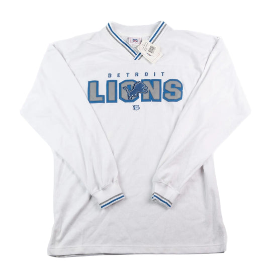 White long-sleeve shirt with 'Detroit Lions' logo on a white background