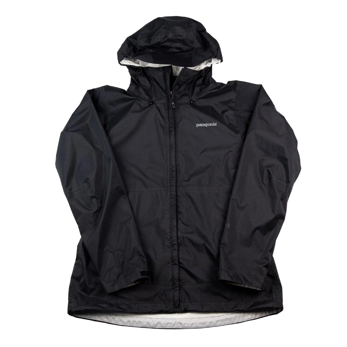 Black rain jacket with a hood on a white background