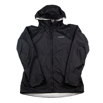 Black rain jacket with a hood on a white background