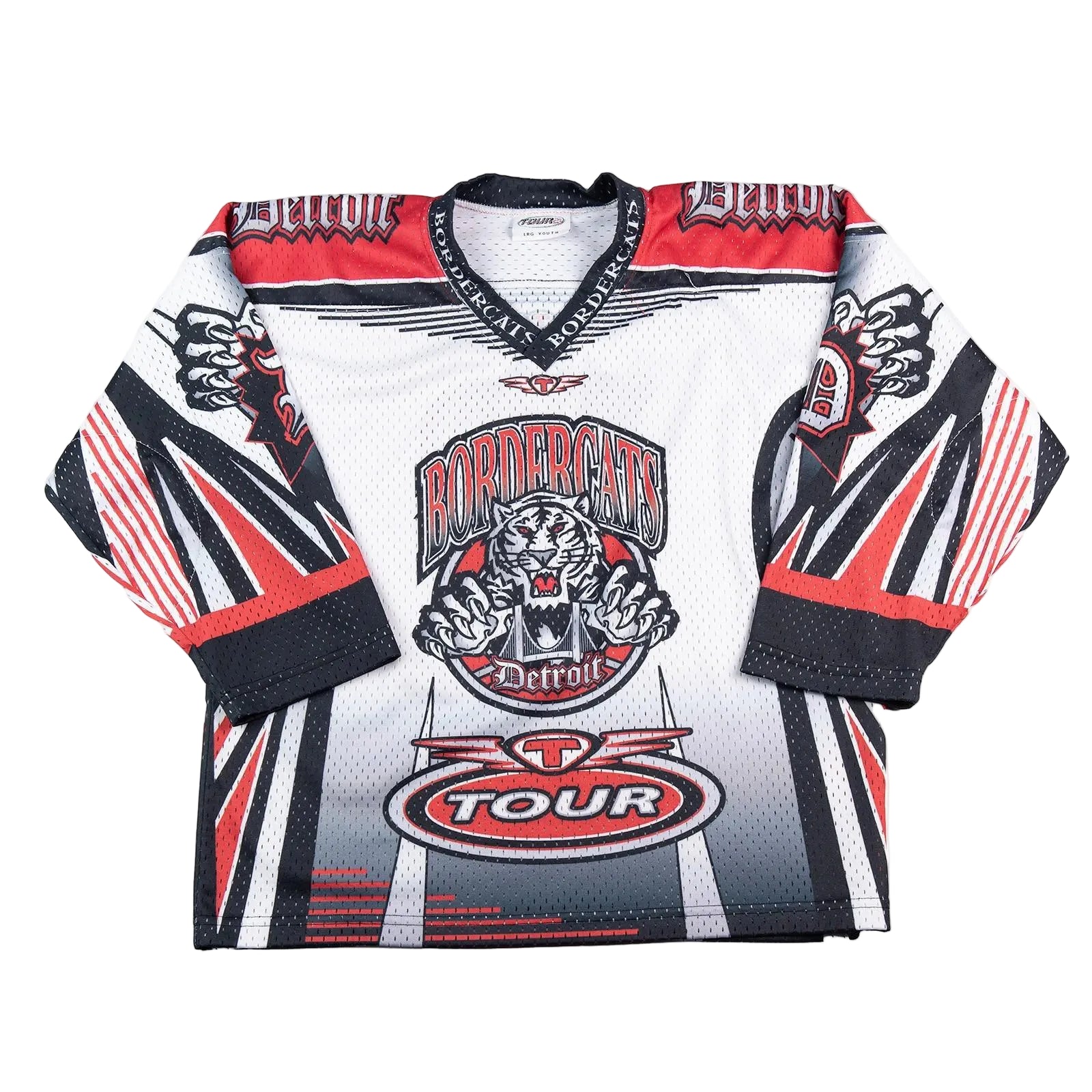 Hockey jersey with 'Border Cats Detroit' and 'Tour' logos on a white background
