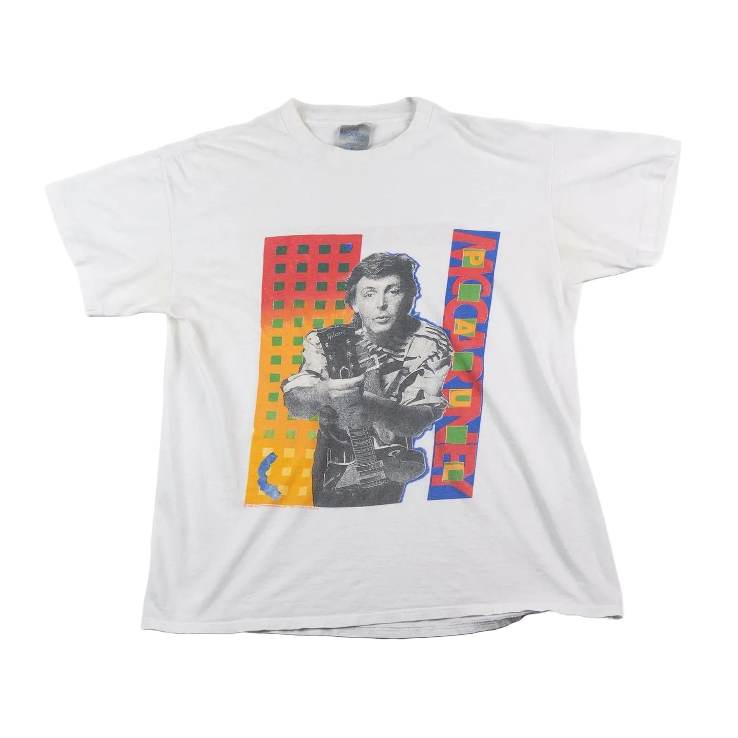 White t-shirt with graphic design of a person holding a cat on a colorful background