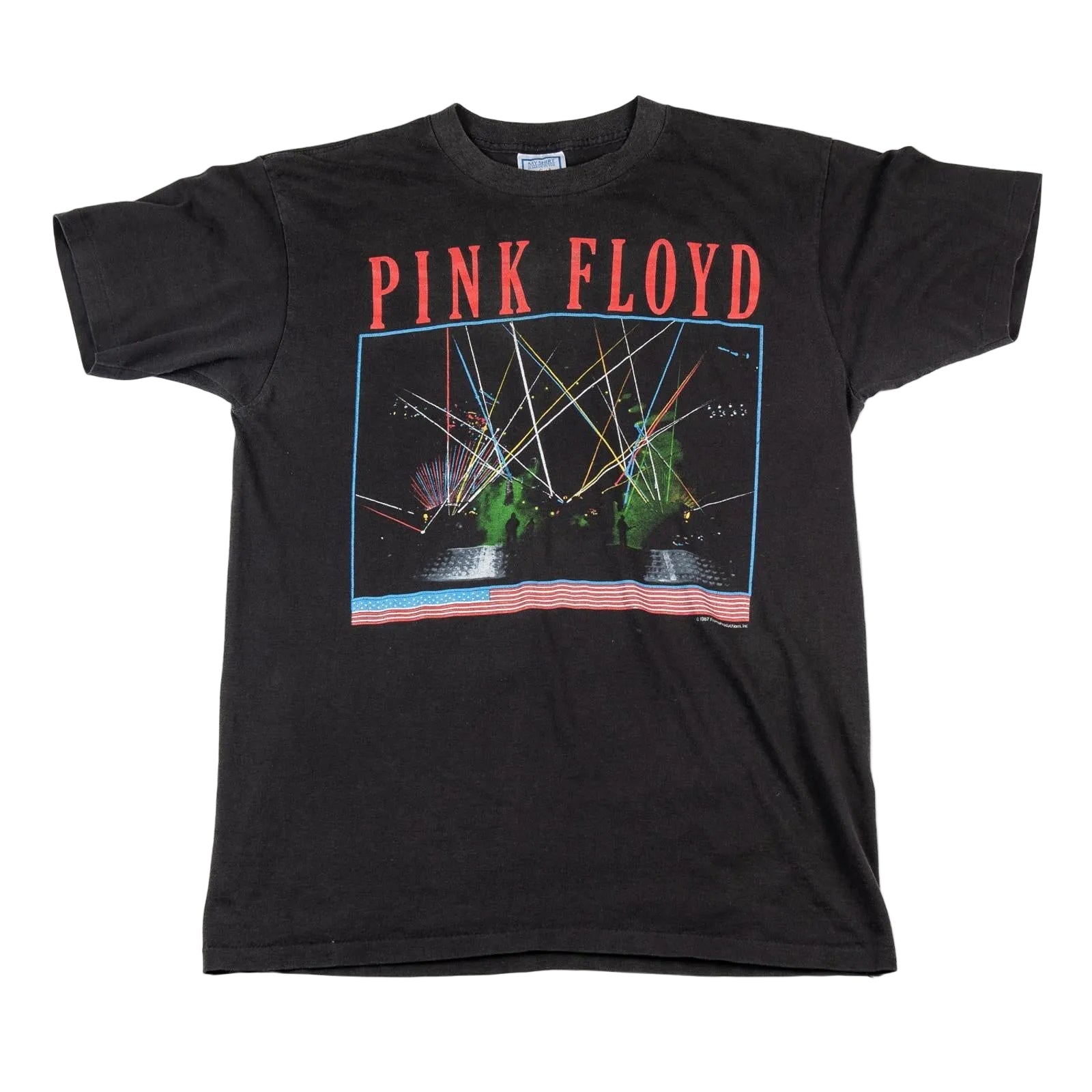 Black t-shirt with Pink Floyd graphic design on a white background