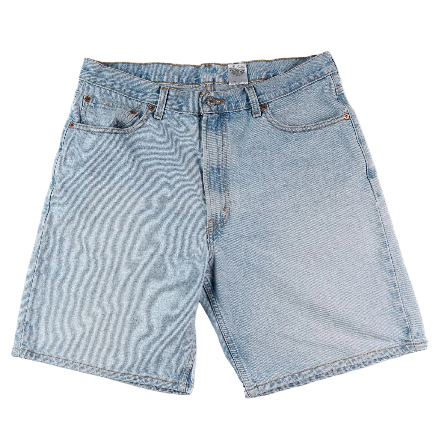 Light blue denim shorts on a white background