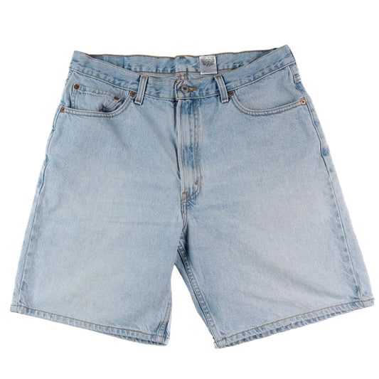Light blue denim shorts on a white background