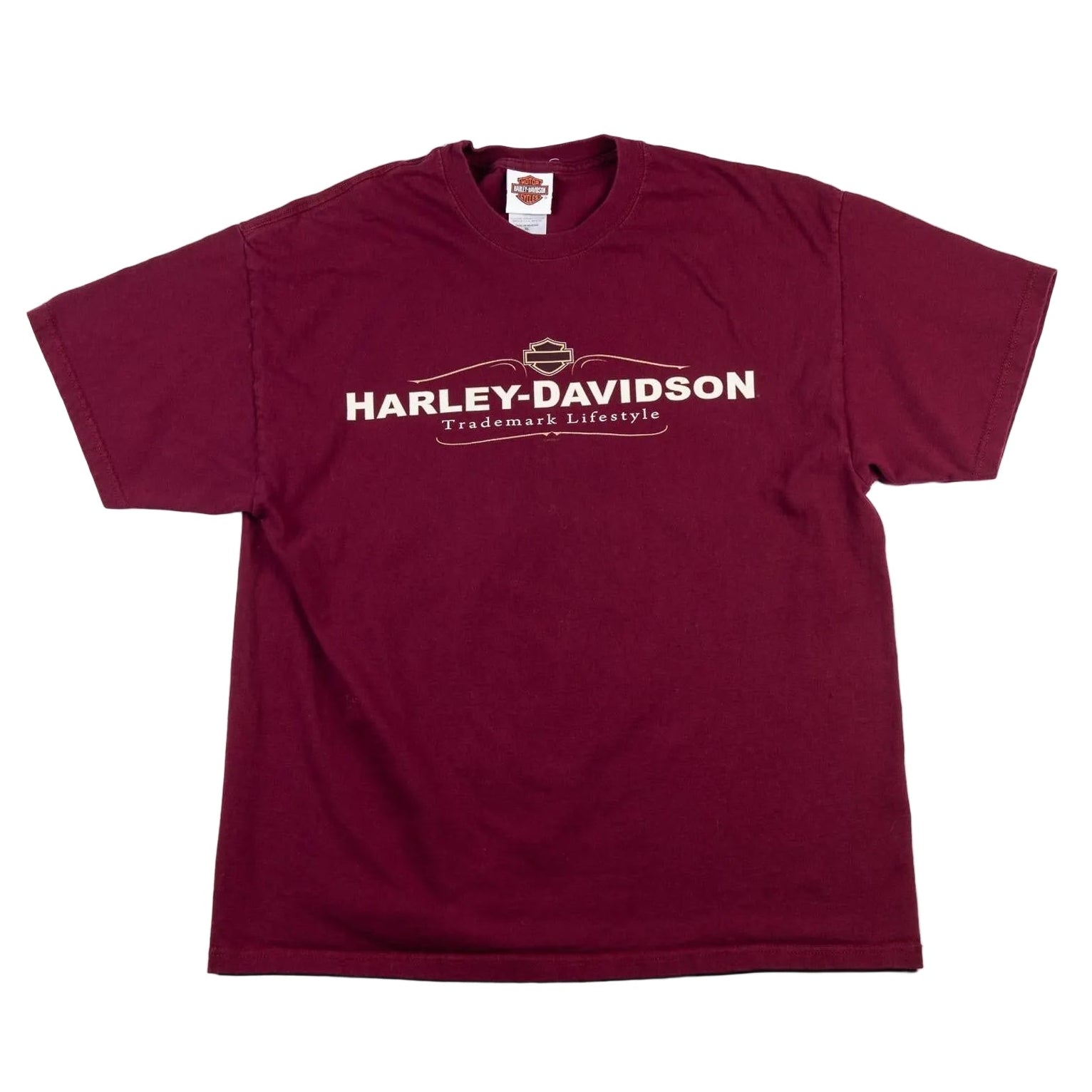 Maroon t-shirt with Harley-Davidson logo on a white background