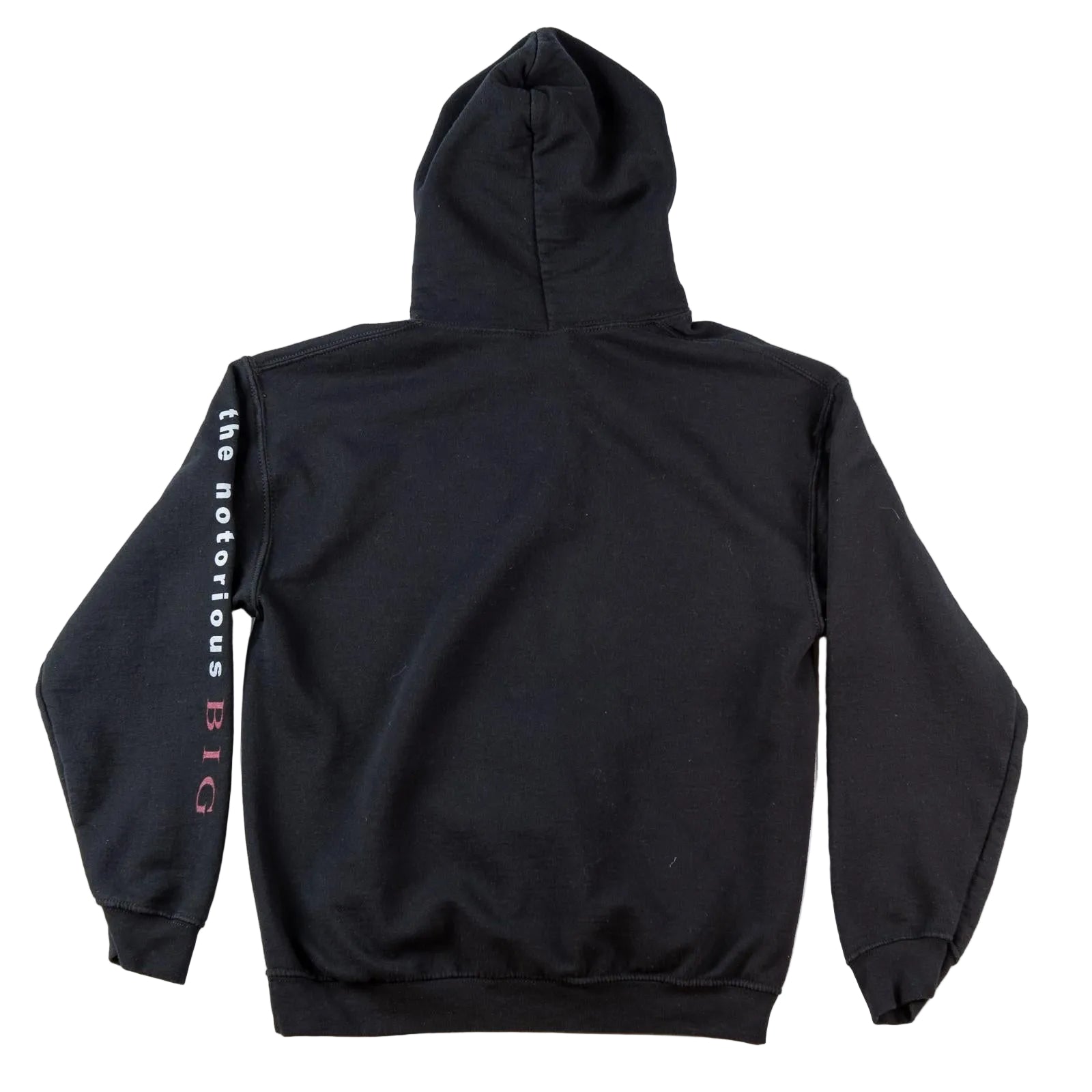 Black hoodie with text on sleeve against a white background