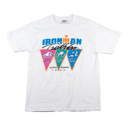 White t-shirt with Ironman Kona Hawaii graphic design on a white background