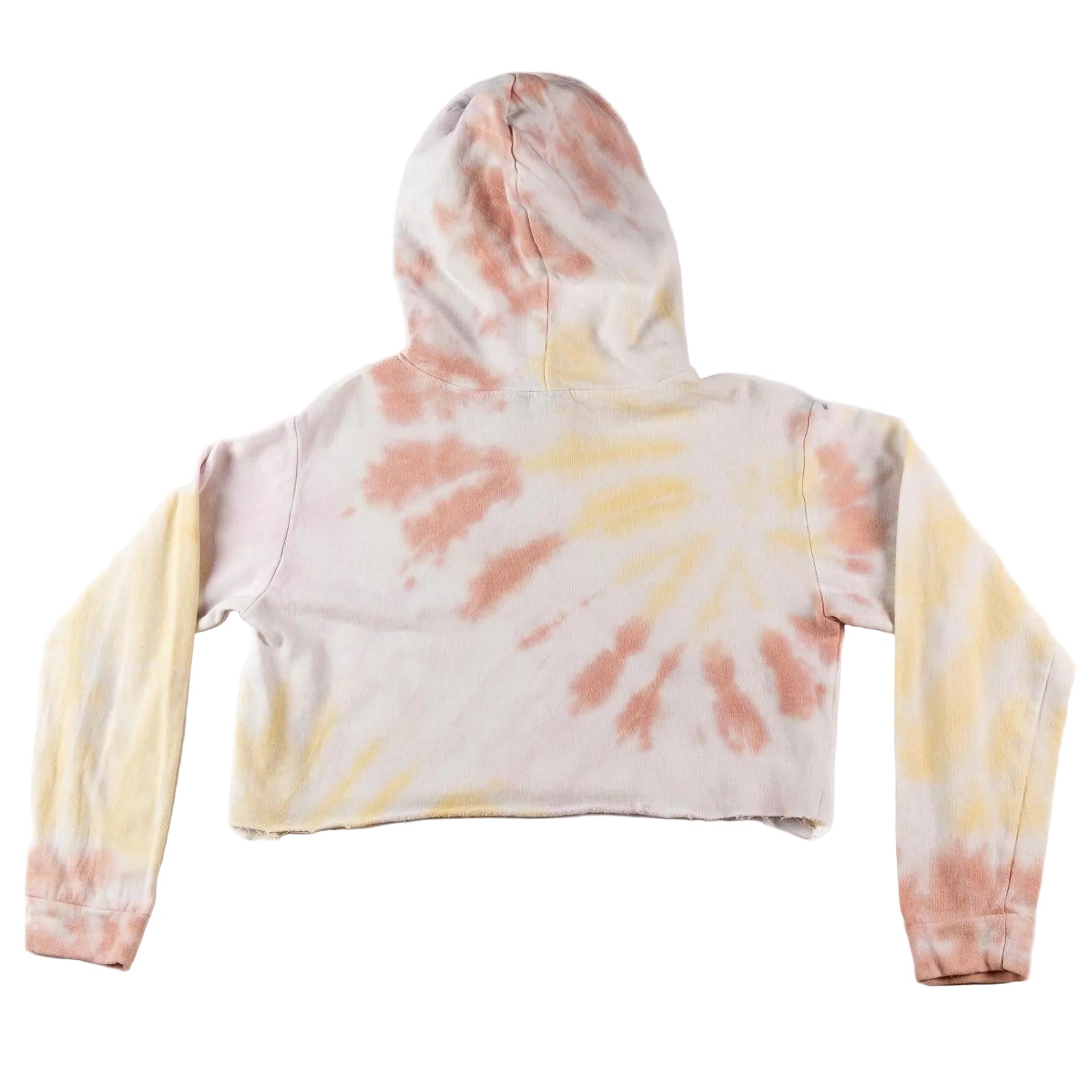 Tie-dye hoodie with pink and yellow patterns on a white background