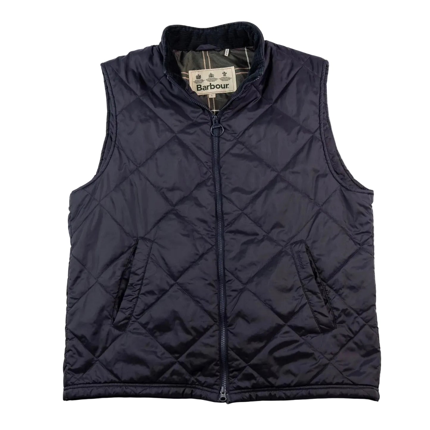 Navy quilted vest with Barbour label on a white background