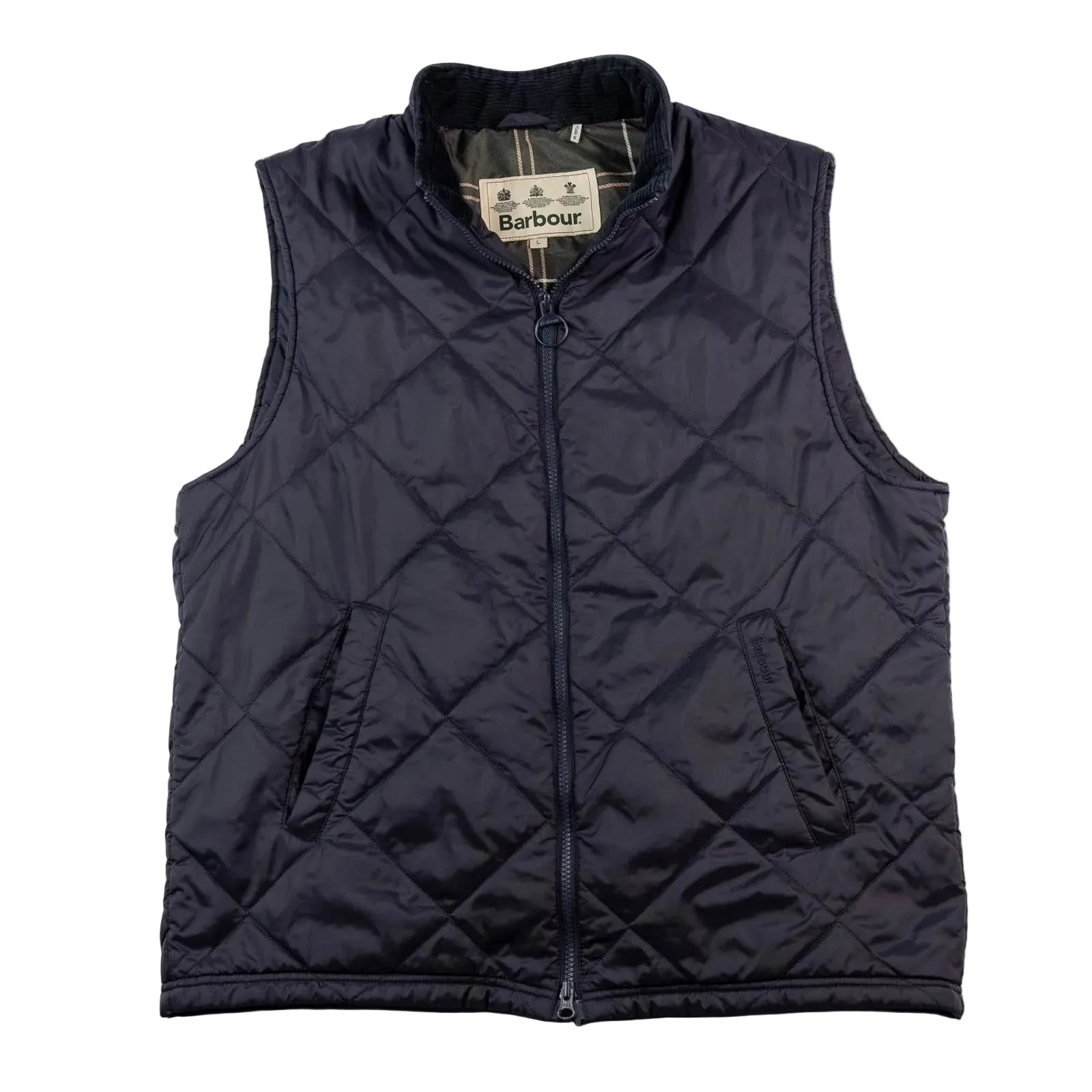 Navy quilted vest with Barbour label on a white background