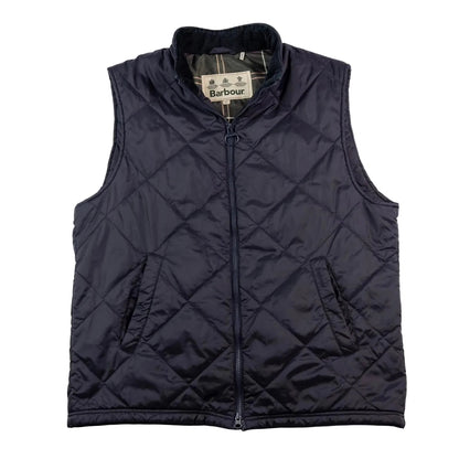 Navy quilted vest with Barbour label on a white background